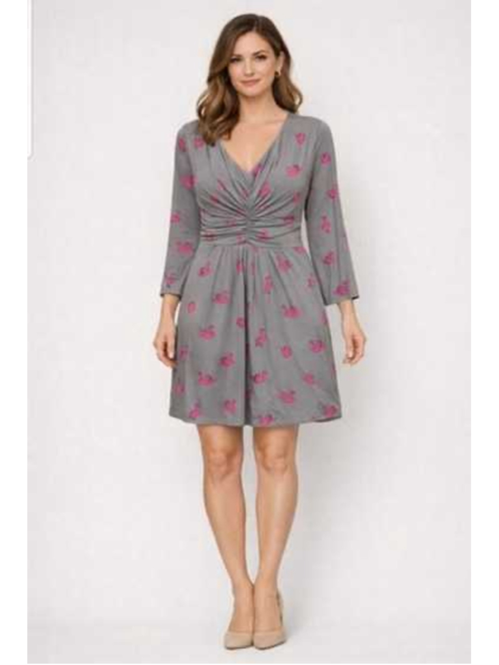 Boden Marion Tunic Dress Women's Size 8 Grey Pink Swan Print Long Sleeve V-Neck